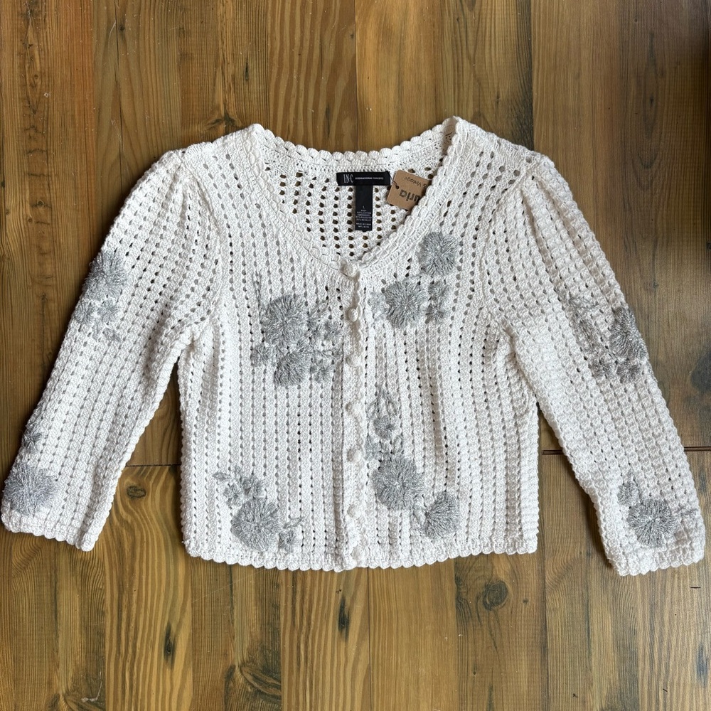 Inc White Crocheted Cardigan with Embroidered Floral Accents Sz L